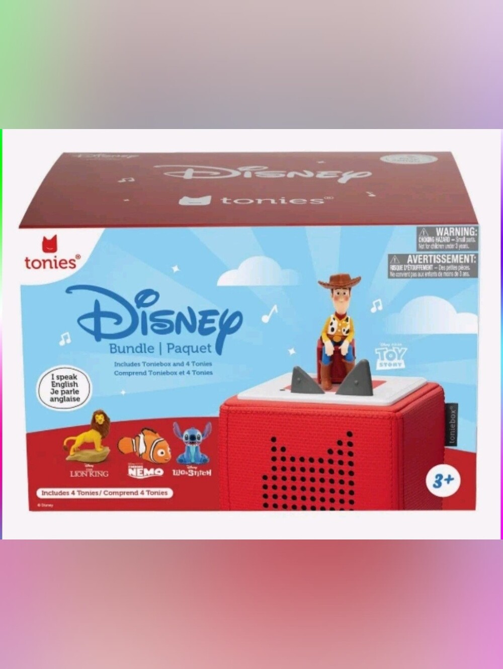 Toniebox Audio Player Bundle includes 3 characters: Toy Story, Lion King, Cars